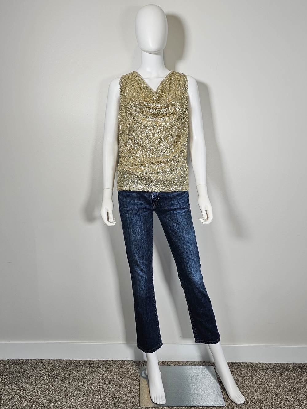 Lovers + Friends Gold Sequin Cowl Neck Waterfall Tank Sz XS - Picture 6 of 9